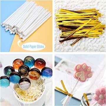 300PCS Lollipop Cake Pop Treat Bag Set Including 100pcs Parcel Bags, 100pcs Papery Treat Sticks, 100pcs Gold Metallic Twist Ties for Making Candies, Chocolates and Cookies