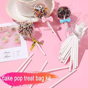 300PCS Lollipop Cake Pop Treat Bag Set Including 100pcs Parcel Bags, 100pcs Papery Treat Sticks, 100pcs Gold Metallic Twist Ties for Making Candies, Chocolates and Cookies
