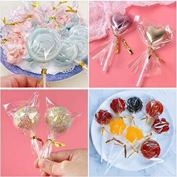 300PCS Lollipop Cake Pop Treat Bag Set Including 100pcs Parcel Bags, 100pcs Papery Treat Sticks, 100pcs Gold Metallic Twist Ties for Making Candies, Chocolates and Cookies