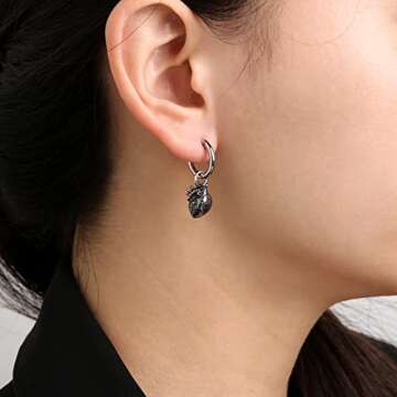 HZMAN Stainless Steel Gothic Punk Personality Heart Drop Earrings for Men