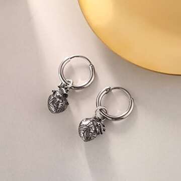 HZMAN Stainless Steel Gothic Punk Personality Heart Drop Earrings for Men