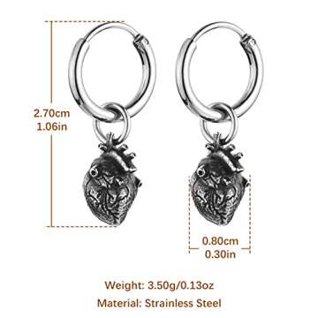 HZMAN Stainless Steel Gothic Punk Personality Heart Drop Earrings for Men