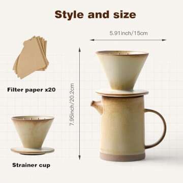 DIF DECO Pour Over Coffee Maker Set Vintage Ceramic Pour Over V60 Coffee Dripper Set with 20 Count Paper Coffee Filters,for Home Café Restaurant Camping,15.8 Ounces(Yellow)