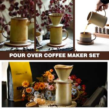 DIF DECO Pour Over Coffee Maker Set Vintage Ceramic Pour Over V60 Coffee Dripper Set with 20 Count Paper Coffee Filters,for Home Café Restaurant Camping,15.8 Ounces(Yellow)