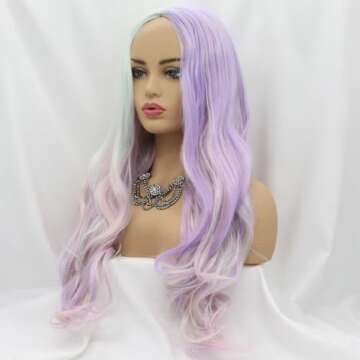 Yinuozhogntian Ladies Cosplay Rainbow Multi-Color Wig Pastel Pink/Purple/Blue/Green/Lilac/Peach Mixed Colorful Mermaid Synthetic None Lace Wigs for Women Long Wave Hair 24"