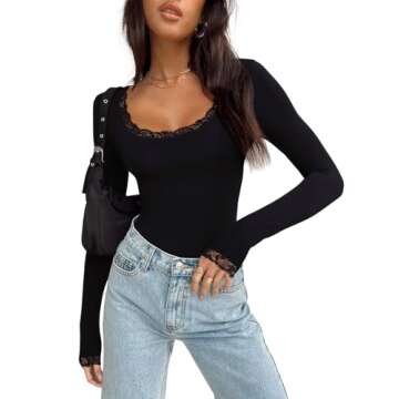 REORIA Womens Sexy Lace Scoop Neck Long Sleeve Body Suit Fall Outfits Double Lined Layering Slim Soft Bodysuit Tops Black Small