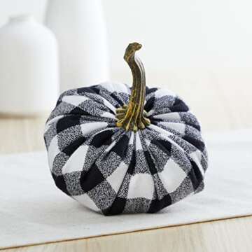 Set of 4 Small Velvet and Cotton Flannel Pumpins, Black and White Buffalo Plaid Decor, Black Pumpkin Shelf Sitters, Farmhouse Bowl Fillers White Pumpkin Decor (2 Buffalo Plaid, Black, Ivory)