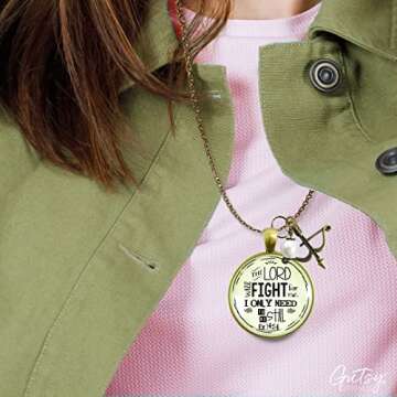 Faith Necklace The Lord Will Fight for You Jewelry For Women 36" Chain - Handmade Religious Bible Verse Christian Vintage Pendant, Bronze Bow Arrow Charm, Gift Packaged Theme Message Card & Box