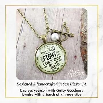 Faith Necklace The Lord Will Fight for You Jewelry For Women 36" Chain - Handmade Religious Bible Verse Christian Vintage Pendant, Bronze Bow Arrow Charm, Gift Packaged Theme Message Card & Box