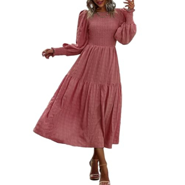 PRETTYGARDEN Women 2024 Puff Long Sleeve Crewneck Smocked Maxi Dress Solid Empire Waist Tiered A-lin...