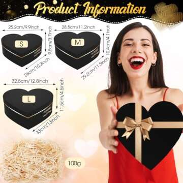 Glenmal 3 Pcs Heart Shaped Gift Boxes with Lids 100g Shredded Paper Fill Nesting Floral Heart Gift Box for Wedding Birthday Mother's Day Flower Present Wrapping(Black)