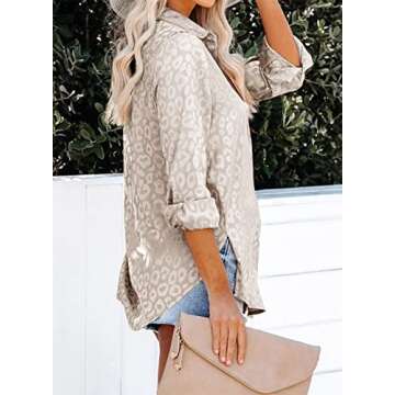 Astylish Women Summer Collared Long Sleeve Button Down Satin Embossed Shirt Tops Dark Apricot X-Large