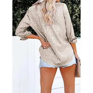 Astylish Women Summer Collared Long Sleeve Button Down Satin Embossed Shirt Tops Dark Apricot X-Large