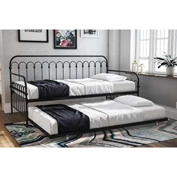Novogratz Bright Pop Twin Metal Daybed and Trundle, Stylish & Multifunctional, Built-in Casters, Bla...