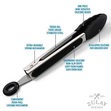 Zulay Premium Set of Stainless Steel Tongs for Cooking, Grilling and Barbecue - 12" Heavy Duty Silicone Tongs with Heat Resistant, Nonstick, Silicone Heads, Best for Non-Scratch Cookware