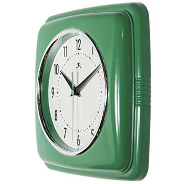 Infinity Instruments Square Silent Retro 9 inch Mid Century Modern Kitchen Diner Retro Wall Clock Quartz Sweep Movement (Green)