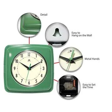 Infinity Instruments Square Silent Retro 9 inch Mid Century Modern Kitchen Diner Retro Wall Clock Quartz Sweep Movement (Green)