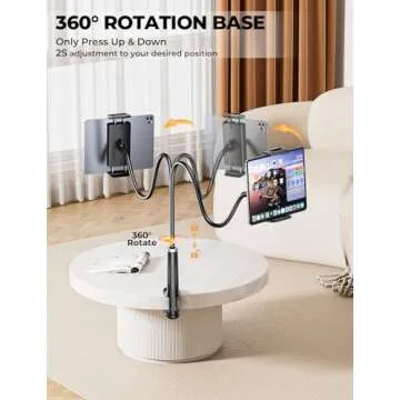 Gooseneck Phone Holder Tablet Stand for Bed:[Swivel Base] Adjustable Flexible Lazy Arm with 2 Clips Phone Tablet Holder Mount Compatible iPad Pro Air Mini | Kindle | Switch or Other 4-12.9" Device