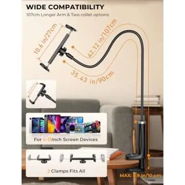 Gooseneck Phone Holder Tablet Stand for Bed:[Swivel Base] Adjustable Flexible Lazy Arm with 2 Clips Phone Tablet Holder Mount Compatible iPad Pro Air Mini | Kindle | Switch or Other 4-12.9" Device