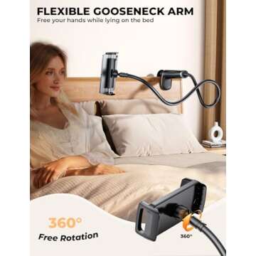 Gooseneck Phone Holder Tablet Stand for Bed:[Swivel Base] Adjustable Flexible Lazy Arm with 2 Clips Phone Tablet Holder Mount Compatible iPad Pro Air Mini | Kindle | Switch or Other 4-12.9" Device
