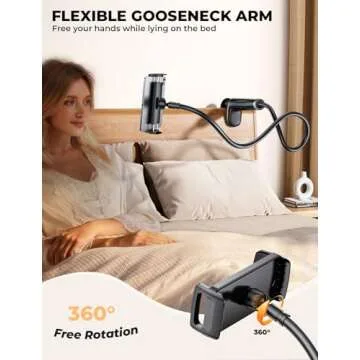 Gooseneck Phone Holder Tablet Stand for Bed:[Swivel Base] Adjustable Flexible Lazy Arm with 2 Clips Phone Tablet Holder Mount Compatible iPad Pro Air Mini | Kindle | Switch or Other 4-12.9" Device