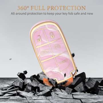 OFFCURVE Key Fob Cover with Keychain for Jeep Dodge, Key Cover Case for Jeep Grand Cherokee Renegade Chrysler 200 300 Dodge Journey Fiat Durango Challenger Key Car Accessories, Pink/Pattern Random