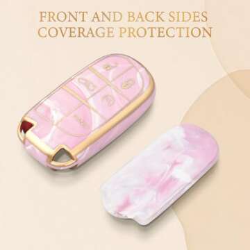 OFFCURVE Key Fob Cover with Keychain for Jeep Dodge, Key Cover Case for Jeep Grand Cherokee Renegade Chrysler 200 300 Dodge Journey Fiat Durango Challenger Key Car Accessories, Pink/Pattern Random
