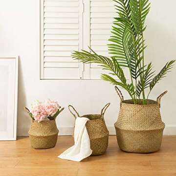 BrilliantJo Seagrass Belly Basket, Set of 2 Woven Plant Pot Holder handmade Home Decor for Storage Plants Picnic Grocery Medium(10.63 x 9.44 inch)
