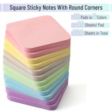 Mr. Pen- Sticky Note Set, 12 Pads, 720 Sheets, 2.8" x 2.8", 6 Pastel Color, Round Corner Colored Sti...
