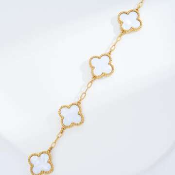 ECNOTX Luxury Bracelets for Women, 18K Gold Plated Clover Bracelet for Women Lucky Four Leaf Link Bracelets Jewelry Gifts Trendy for Women Teen Girls(White Bracelet), 24cm