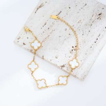 ECNOTX Luxury Bracelets for Women, 18K Gold Plated Clover Bracelet for Women Lucky Four Leaf Link Bracelets Jewelry Gifts Trendy for Women Teen Girls(White Bracelet), 24cm