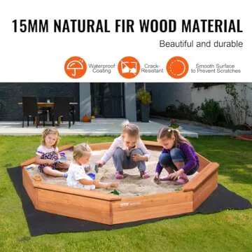 VEVOR Wooden Sandbox with Cover, 75.6''x75.6''x9.1'' Octagonal Sand Box, Sandpit with 4 Benches and Bottom Liner, Gift for Ages 3-12 Years Old Backyard Garden Easy Assembly
