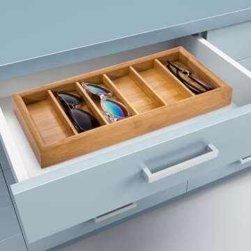 MyGift Modern Solid Bamboo Wood Sunglasses Organizer Tray with 6 Compartments, Eyewear Sunglass Stor...