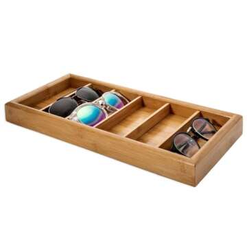 MyGift Modern Solid Bamboo Wood Sunglasses Organizer Tray with 6 Compartments, Eyewear Sunglass Storage Case Organizer Drawer Tray