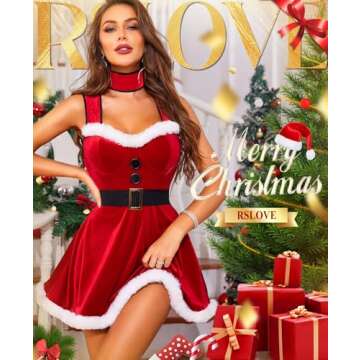 RSLOVE Christmas Lingerie for Women - Sexy Santa Velvet Dress Babydoll Chemise Claus Costumes with C...