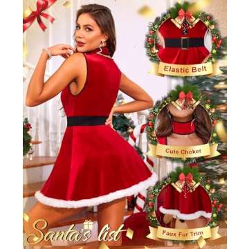 RSLOVE Christmas Lingerie for Women - Sexy Santa Velvet Dress Babydoll Chemise Claus Costumes with Choker Belt Red XL