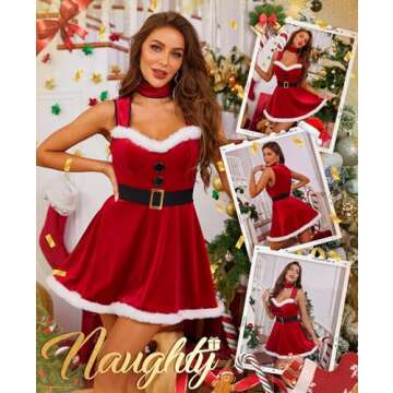 RSLOVE Christmas Lingerie for Women - Sexy Santa Velvet Dress Babydoll Chemise Claus Costumes with Choker Belt Red XL