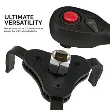 Neiko 03421A Two Way Universal Adjustable Oil Filter Wrench | 3-Jaw Design | 3/8" Square Drive Socket | Includes 1/2" Adaptor | Automotive Tool