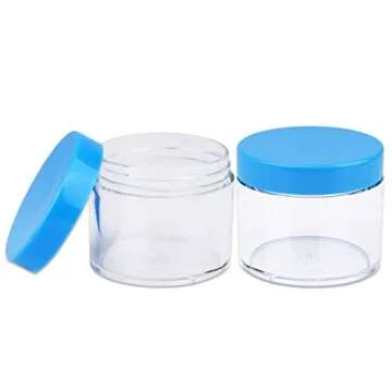 Beauticom 60 Grams/60 ML (2 Oz) Round Clear Leak Proof Plastic Container Jars with Blue Lids for Travel Storage Makeup Cosmetic Lotion Scrubs Creams Oils Salves Ointments (3 Jars)