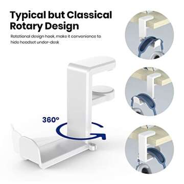 Rotating Headphone Stand - EURPMASK PC Gaming Headset Stand, Adjustable Clamp-on Headphone Holder, Headphone Hanger Hook Under Desk with 360 Degree Swivel&Cable Clip Organizer - White