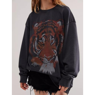 Leyajedol Women Oversized Graphic Sweatshirt Long Sleeve Tiger Printed Shirt Pullover Y2k Aesthetic Tops Fall Streetwear(Grey,L)