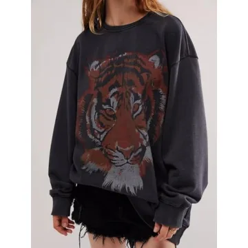 Leyajedol Women Oversized Graphic Sweatshirt Long Sleeve Tiger Printed Shirt Pullover Y2k Aesthetic Tops Fall Streetwear(Grey,L)