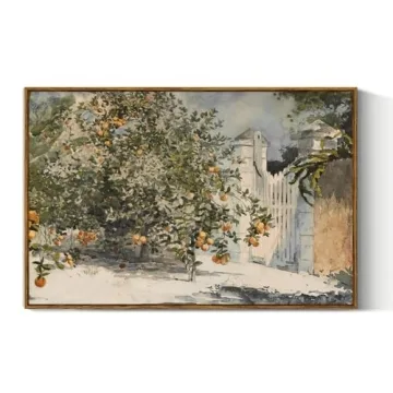 VIYYIEA Vintage Plant Large Framed Wall Art, Orange Trees and Gate Painting Decor Aesthetic, 24x36 I...