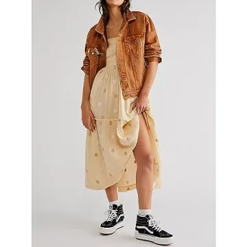 ABYOVRT Women Floral Embroidered Maxi Dress Long Puff Sleeve Square Neck Bohemian Flowy Dress with Pockets Smocked Fall Dress (Beige,L)