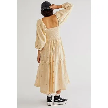 ABYOVRT Women Floral Embroidered Maxi Dress Long Puff Sleeve Square Neck Bohemian Flowy Dress with Pockets Smocked Fall Dress (Beige,L)