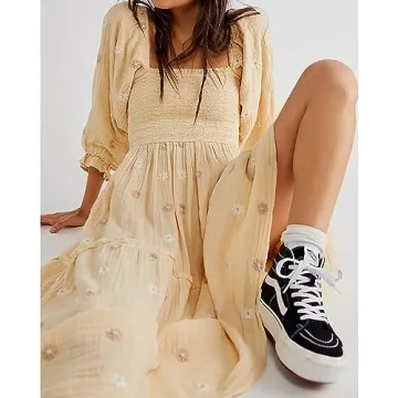 ABYOVRT Women Floral Embroidered Maxi Dress Long Puff Sleeve Square Neck Bohemian Flowy Dress with Pockets Smocked Fall Dress (Beige,L)