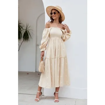 ABYOVRT Women Floral Embroidered Maxi Dress Long Puff Sleeve Square Neck Bohemian Flowy Dress with Pockets Smocked Fall Dress (Beige,L)
