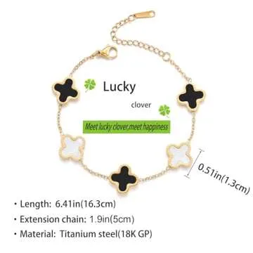 TICVRSS 18K Gold Plated White+Black Bracelet for Women Adjustable Flower Bracelet Lucky Four Leaf Br...