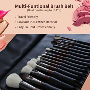 Makeup Brush Rolling Case Pouch Holder-Cosmetic Bag-Makeup Brush Organizer-Makeup Artist Case Portable-Up to 16 Pockets-For Travel & Home Gift Cosmetics Brushes PU Leather Case (Black)