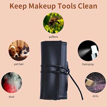 Makeup Brush Rolling Case Pouch Holder-Cosmetic Bag-Makeup Brush Organizer-Makeup Artist Case Portable-Up to 16 Pockets-For Travel & Home Gift Cosmetics Brushes PU Leather Case (Black)